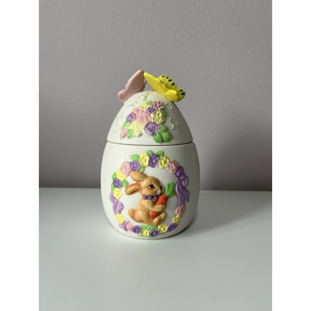 Ceramic Bunny Rabbit Candle With Butterfly Lid Vintage 5" Tall Spring Colors